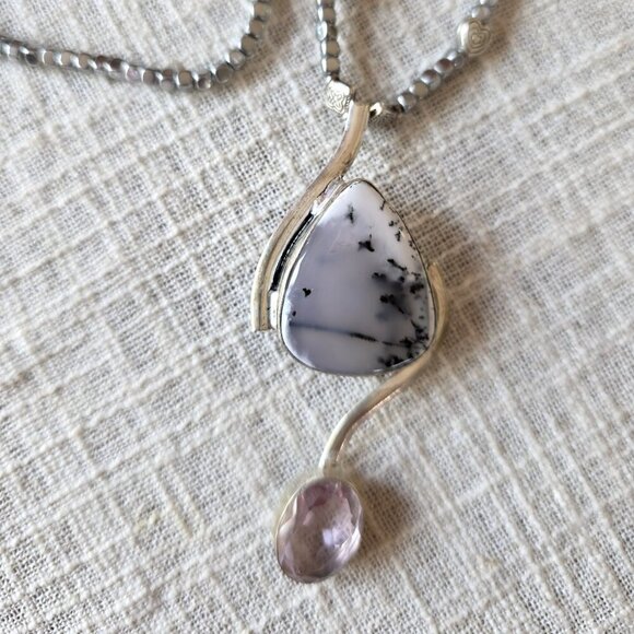 Lovely Costume Silver with Amazonite Pendant and Pink Crystal Necklace - Picture 2 of 3